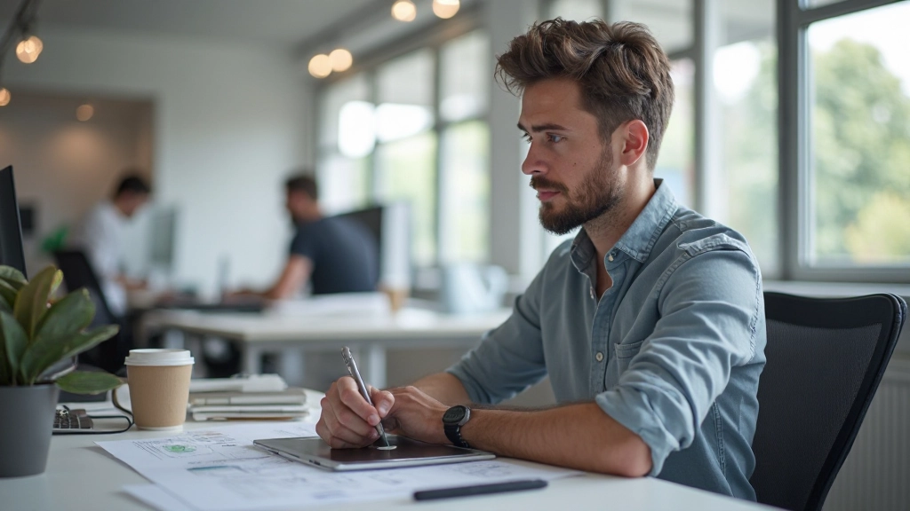 Designer werkt aan wireframes op grafisch tablet met koffie op kantoor