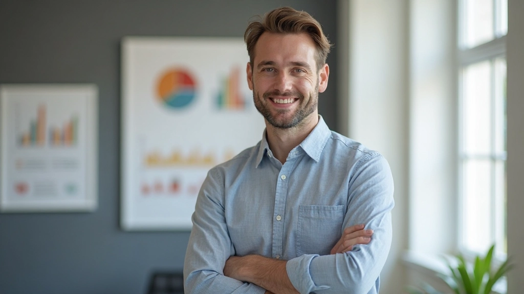 Professionele foto van realistische man van 38 jaar, volledig gekleed in casual overhemd, staand met armen gekruist, vertrouwde pose, in modern kantoor met grafiekborden achter hem, glimlachend naar camera, daglicht van grote ramen, onscherpe achtergrond, GEEN tekst, GEEN watermerken