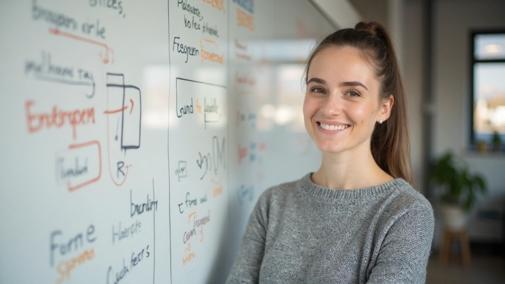 Professionele foto van realistische vrouw van 28 jaar, volledig gekleed in casual trui, staand voor whiteboard met formulier sketches en notities, glimlachend, creatief kantoor, daglicht door ramen, onscherpe achtergrond, GEEN tekst, GEEN watermerken