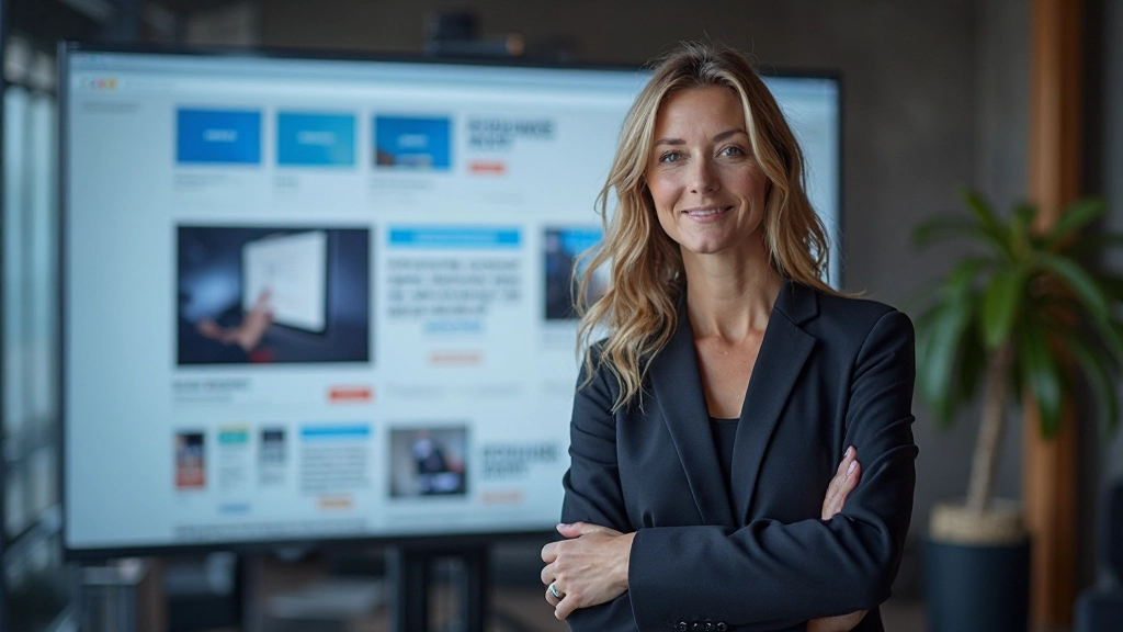 Professionele foto van realistische vrouw van 30 jaar, volledig gekleed in zakelijke blazer, staand voor groot scherm met website layout en call-to-action knop zichtbaar, zelfverzekerde pose, moderne werkplek, professionele verlichting, onscherpe achtergrond, GEEN tekst, GEEN watermerken