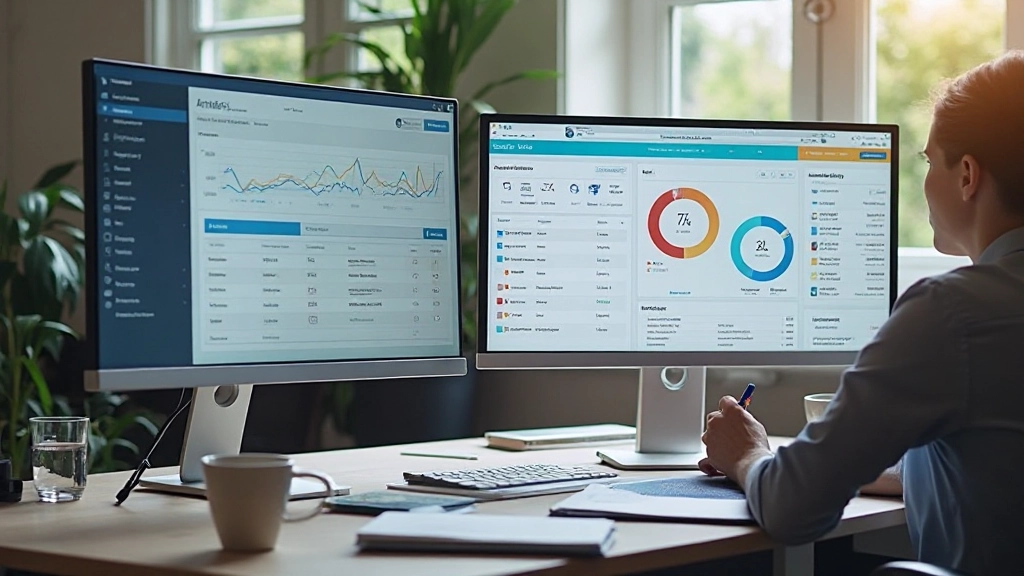 Moderne workspace met meerdere monitoren die analytics en A/B test resultaten tonen, met koffie op het bureau en notitieboeken met conversie-insights
